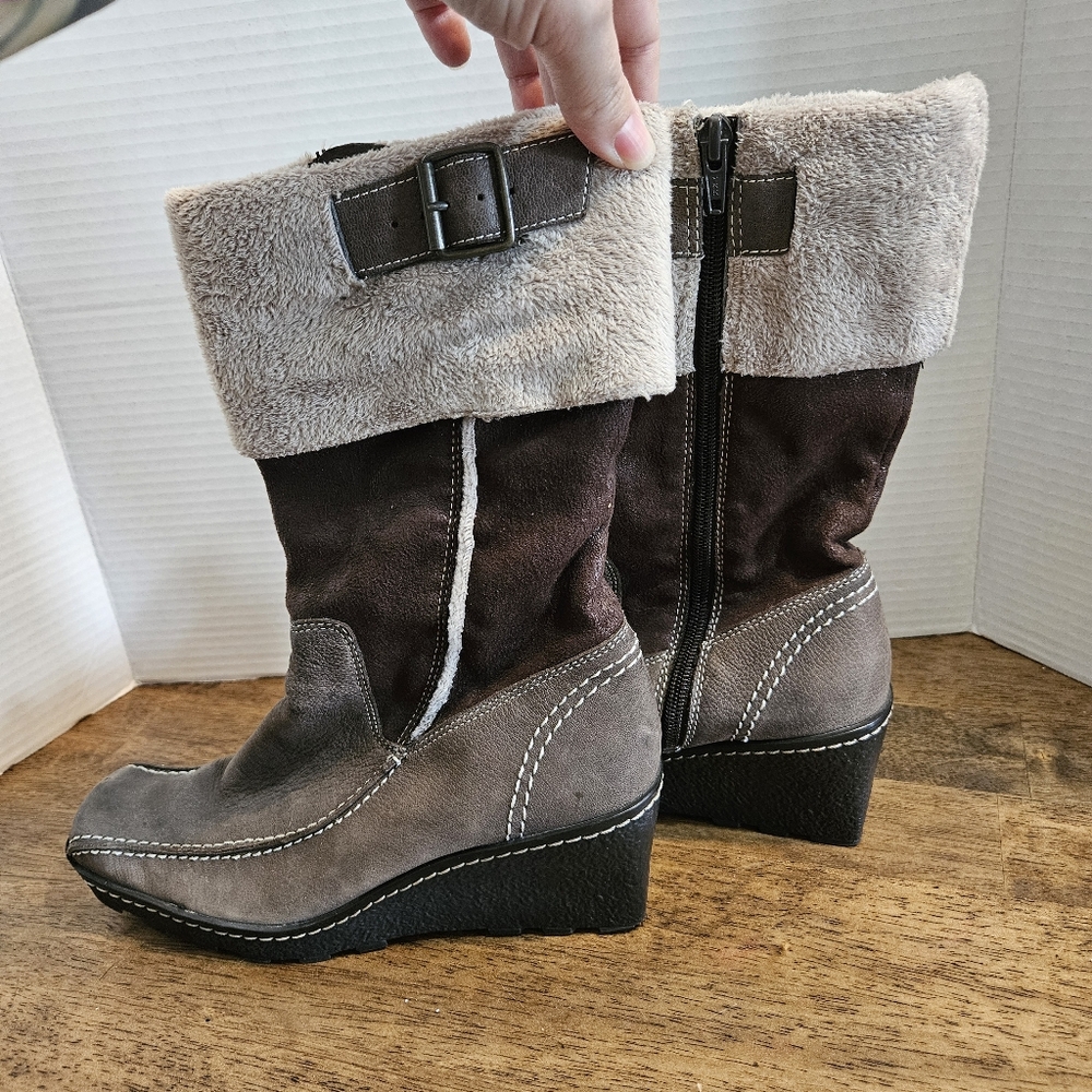 Nine West Brown And Cream Faux Suede Boots with Fleece Trim Full Zip Calf Height